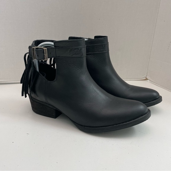 Harley Davidson Boots Amory Heeled Leather Ankle Fringe Buckle Braided Black - Picture 2 of 16